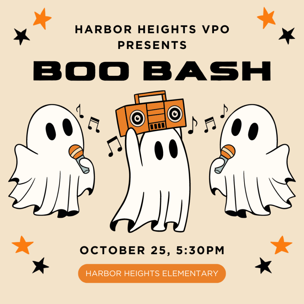 A graphic advertising a Halloween party called Boo Bash hosted by the Harbor Heights VPO on Friday, Oct. 25 at 5:30 pm